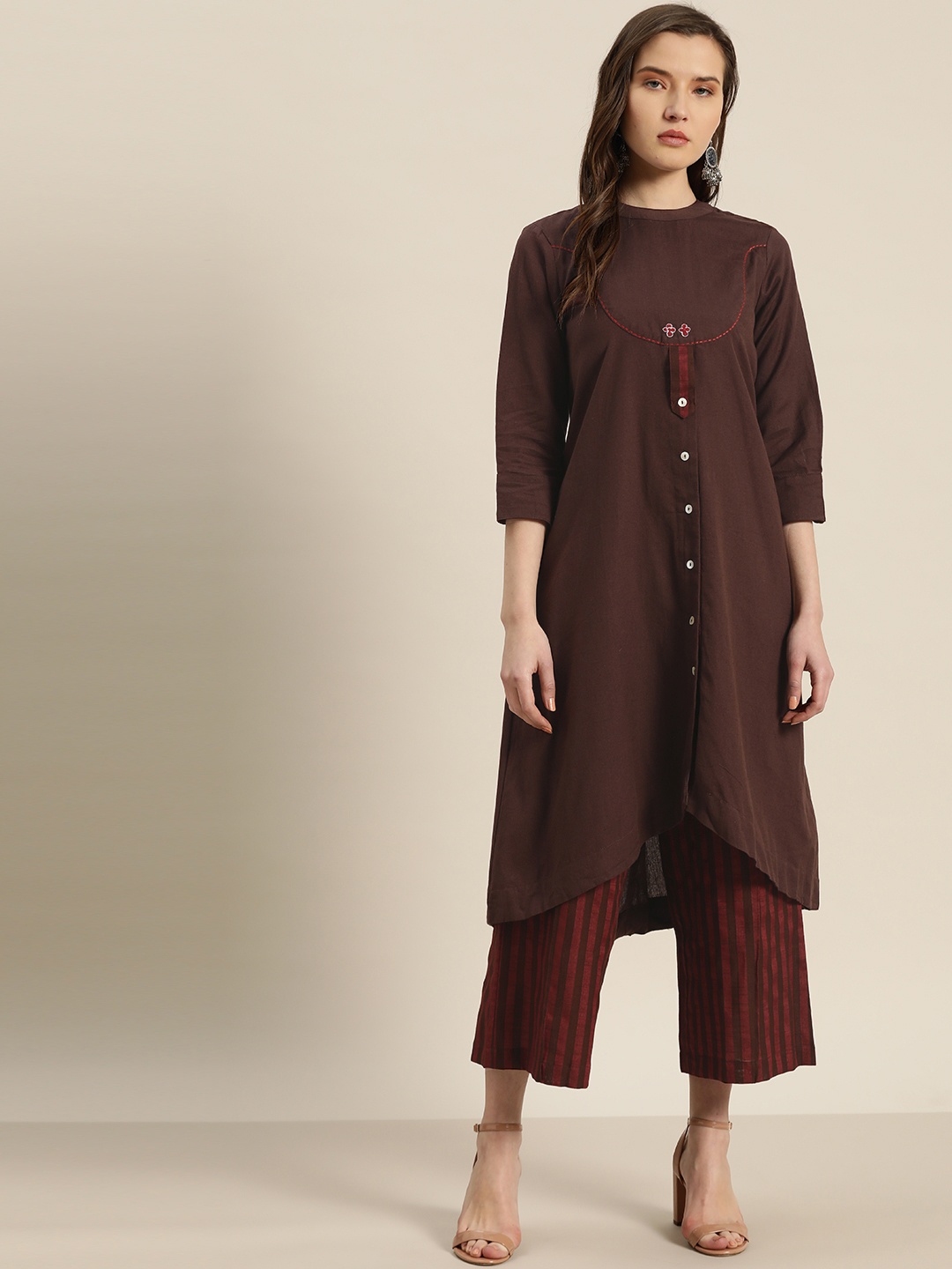 

Sangria Women Coffee Brown & Maroon Solid Pure Cotton Kurta with Palazzos