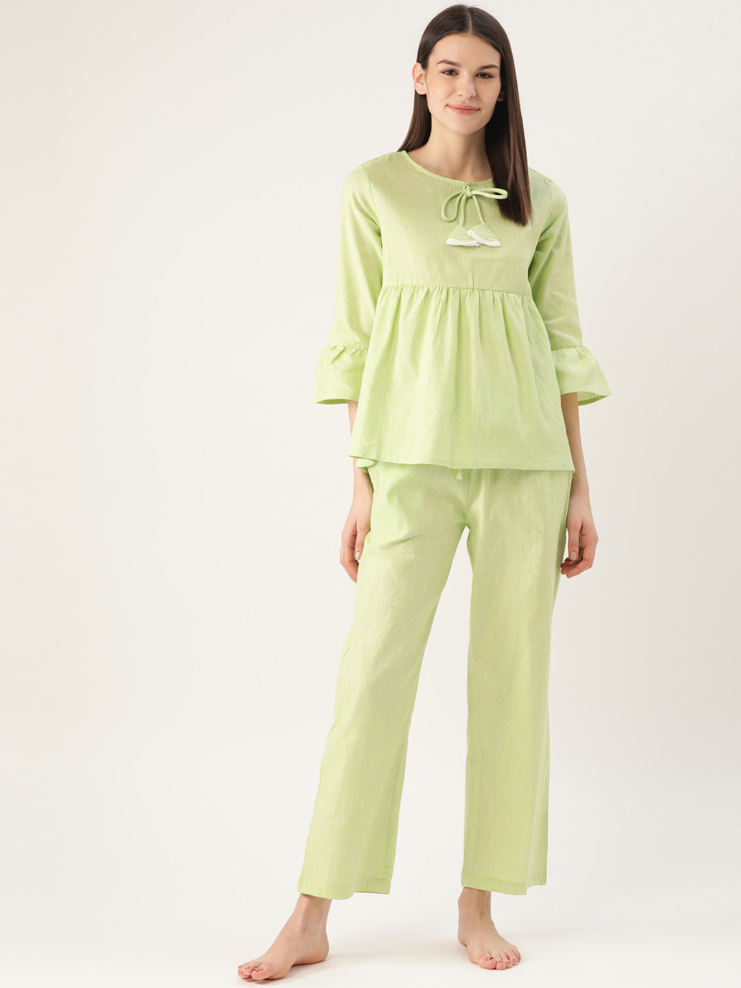 

Cottinfab Women Lime Green Solid Pure Cotton Night Suit