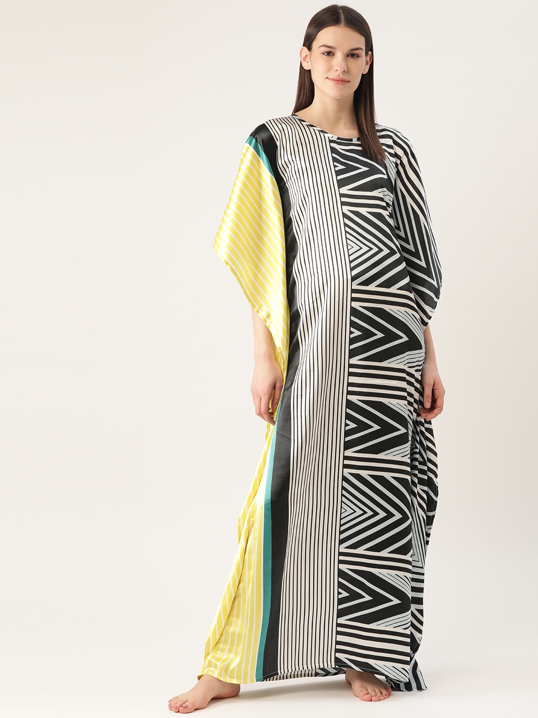 

Cottinfab Black & White Printed Maxi Satin Finish Kaftan Style Nightdress