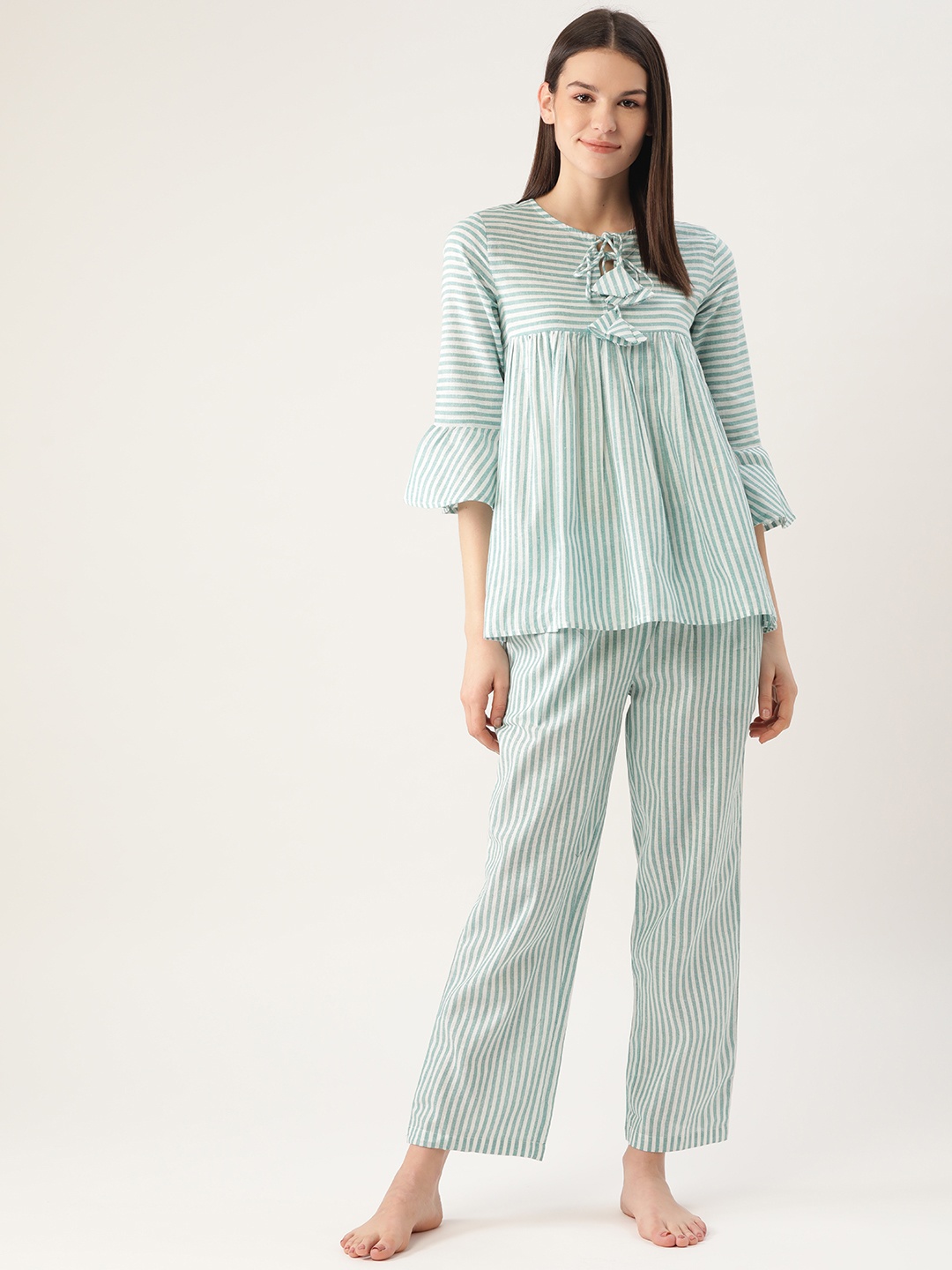 

Cottinfab Women Green & White Striped Night suit