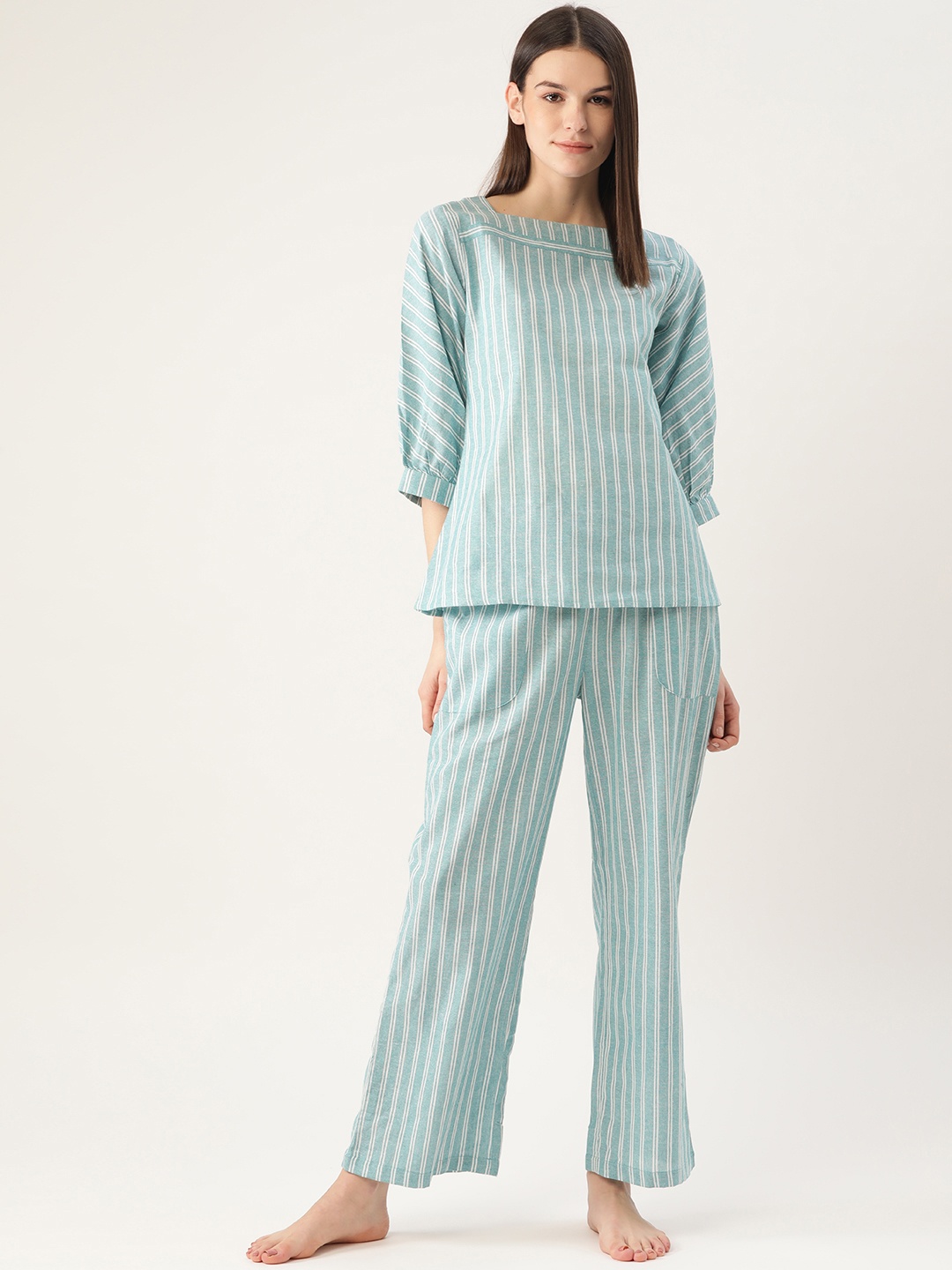 

Cottinfab Women Sea Green & White Striped Pure Cotton Night Suit