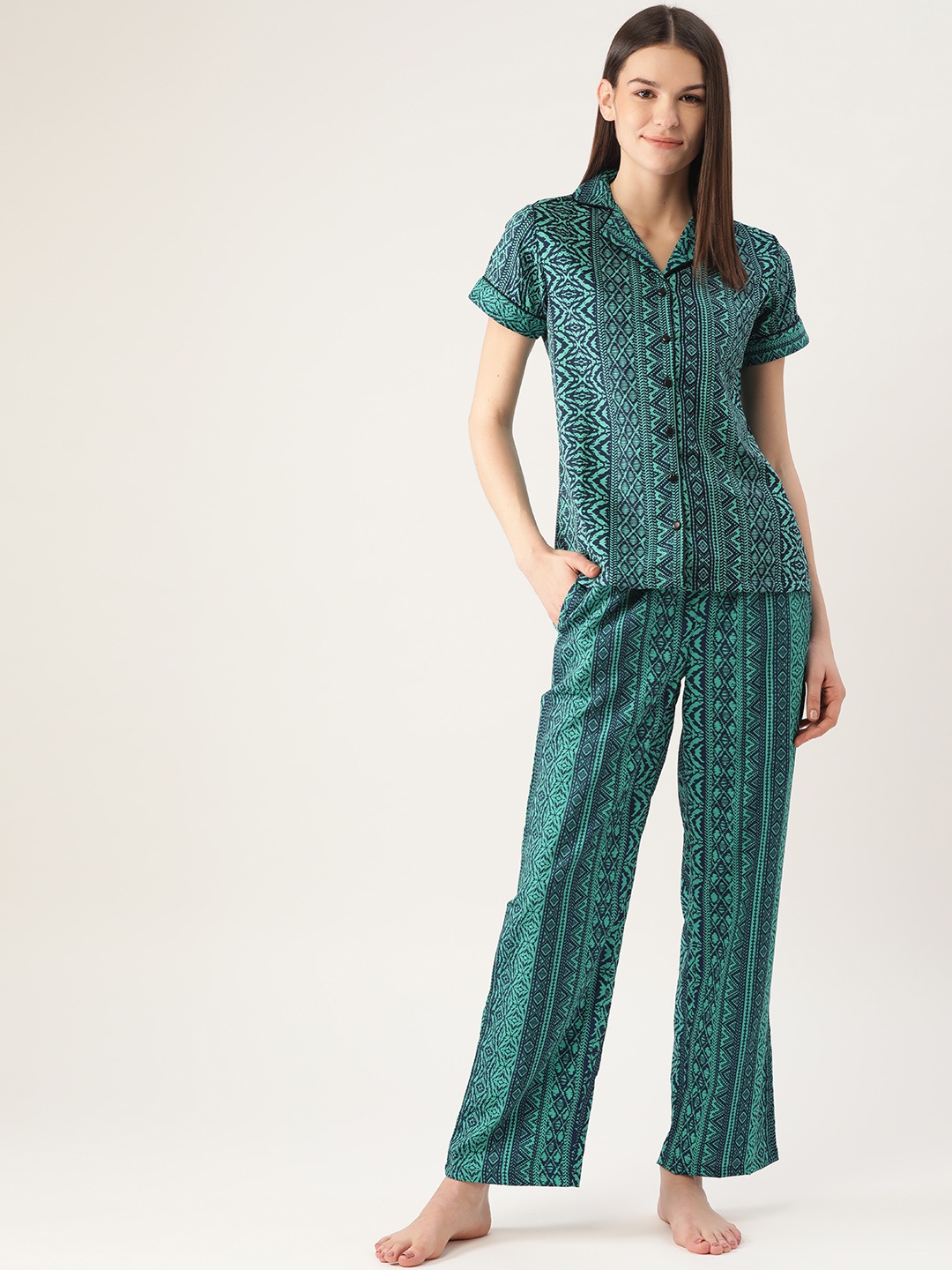 

Cottinfab Women Green & Navy Blue Tribal Print Night suit