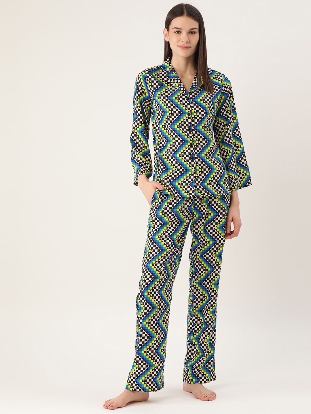

Cottinfab Women Blue & Yellow Printed Night Suit