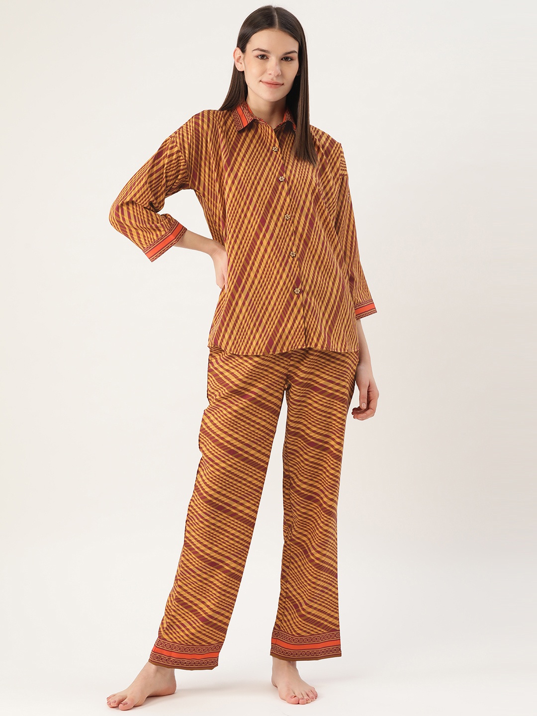 

Cottinfab Women Mustard Yellow & Purple Printed Night Suit