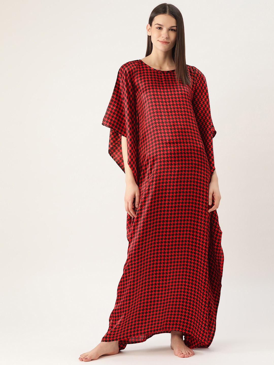 

Cottinfab Red & Black Houndstooth Print Maxi Satin Finish Kaftan Style Nightdress