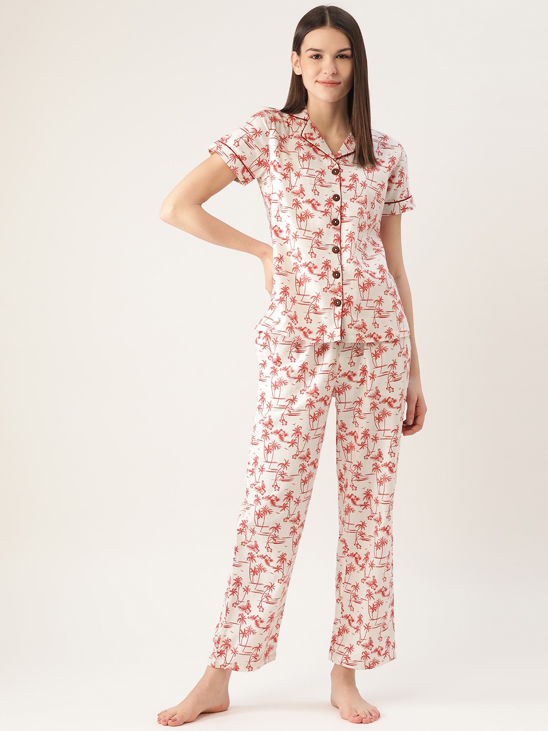

Cottinfab Women White & Red Printed Night suit