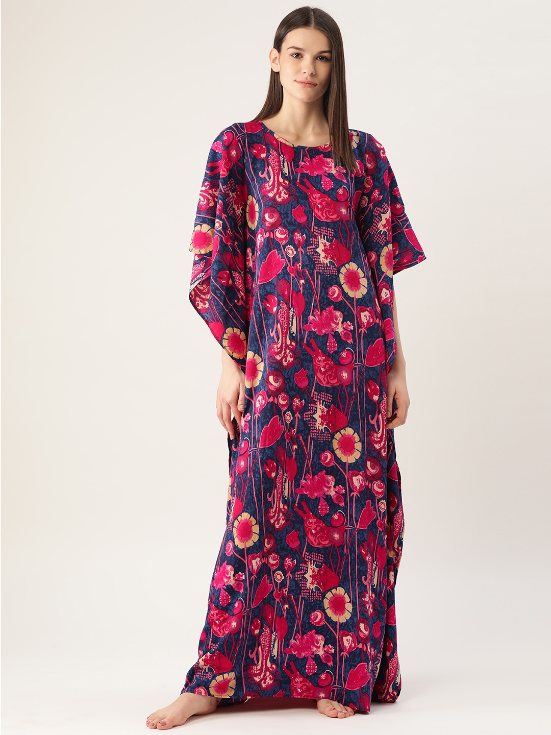 

Cottinfab Navy Blue & Pink Floral Print Maxi Kaftan Style Nightdress