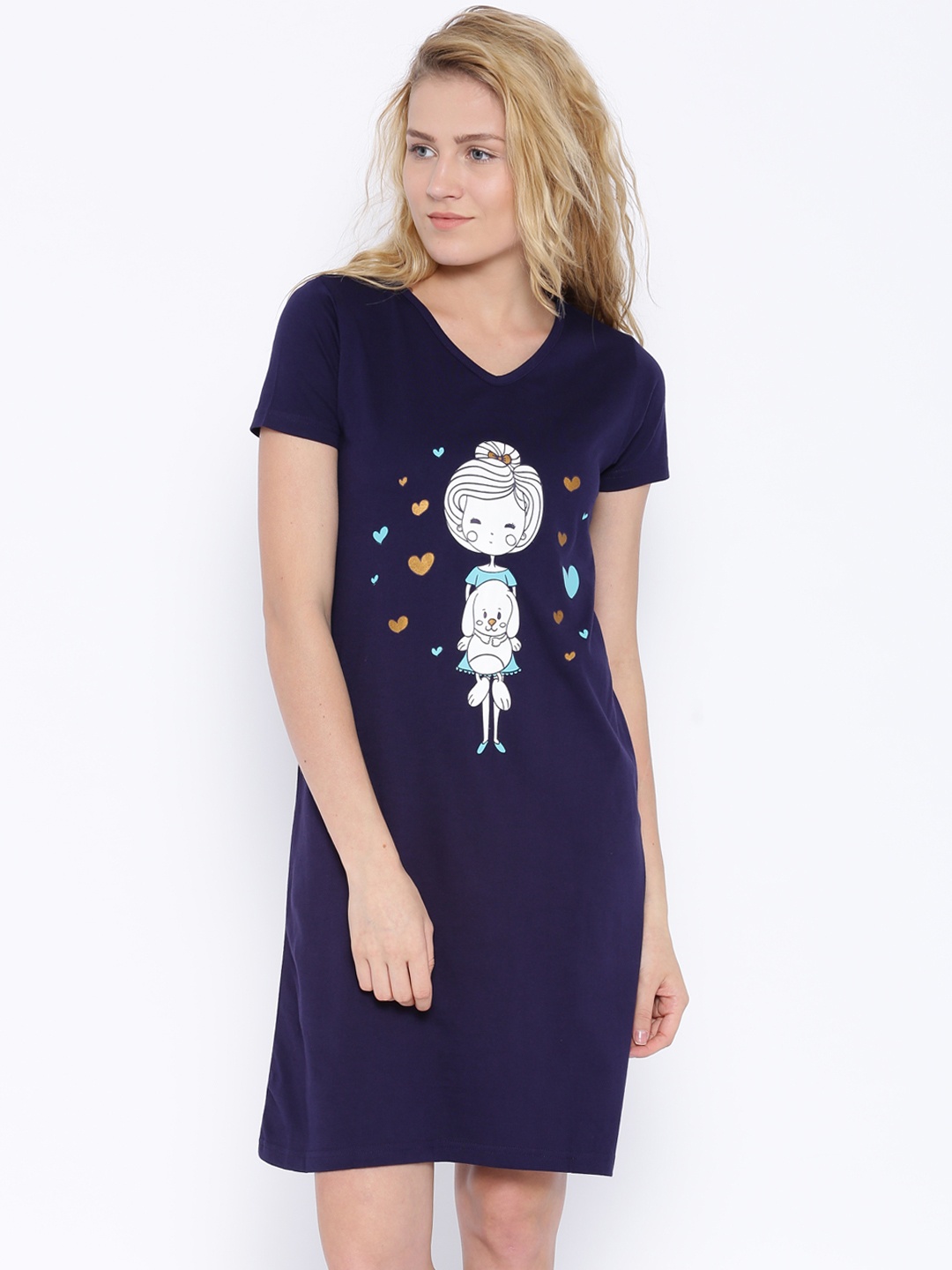 

Slumber Jill Navy Printed Nightdress, Navy blue