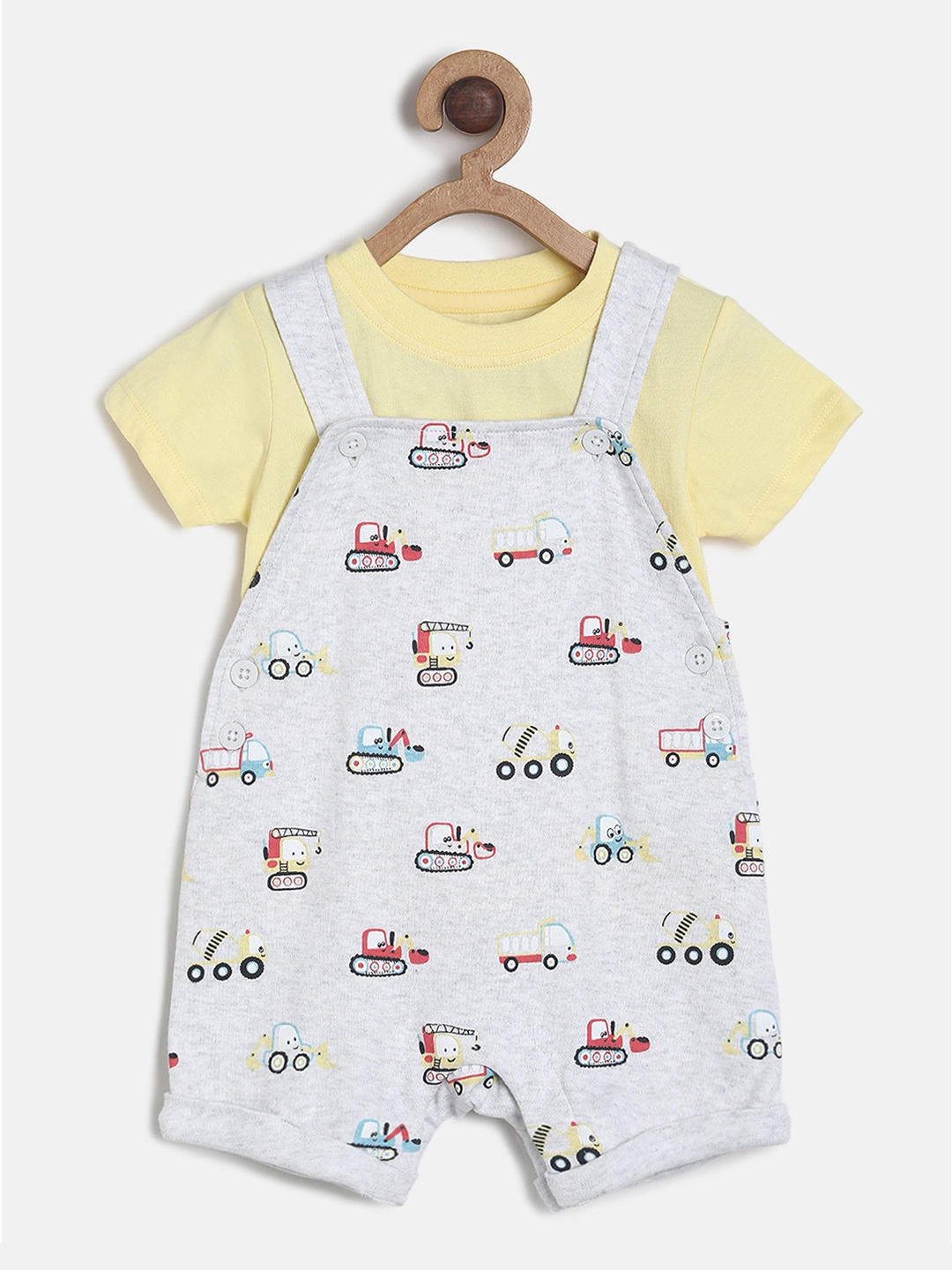 

MINI KLUB Infant Boys Grey & Yellow Printed Pure Cotton Dungarees with T-shirt