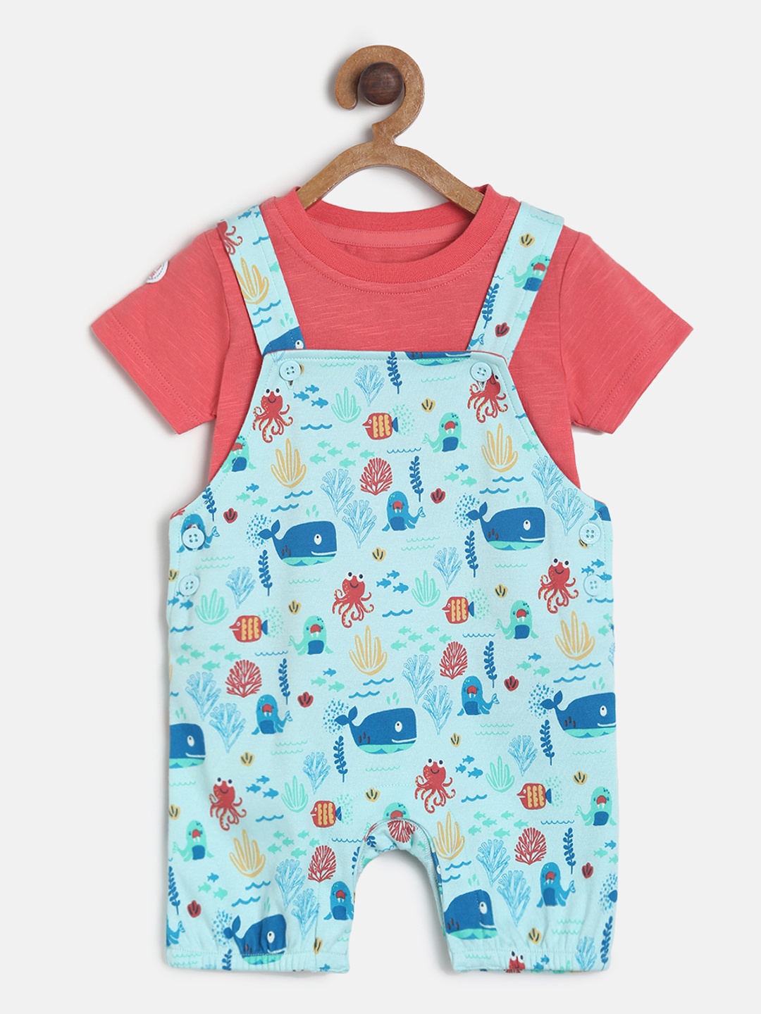 

MINI KLUB Girls Pink & Blue Pure Cotton Printed Romper with T-shirt