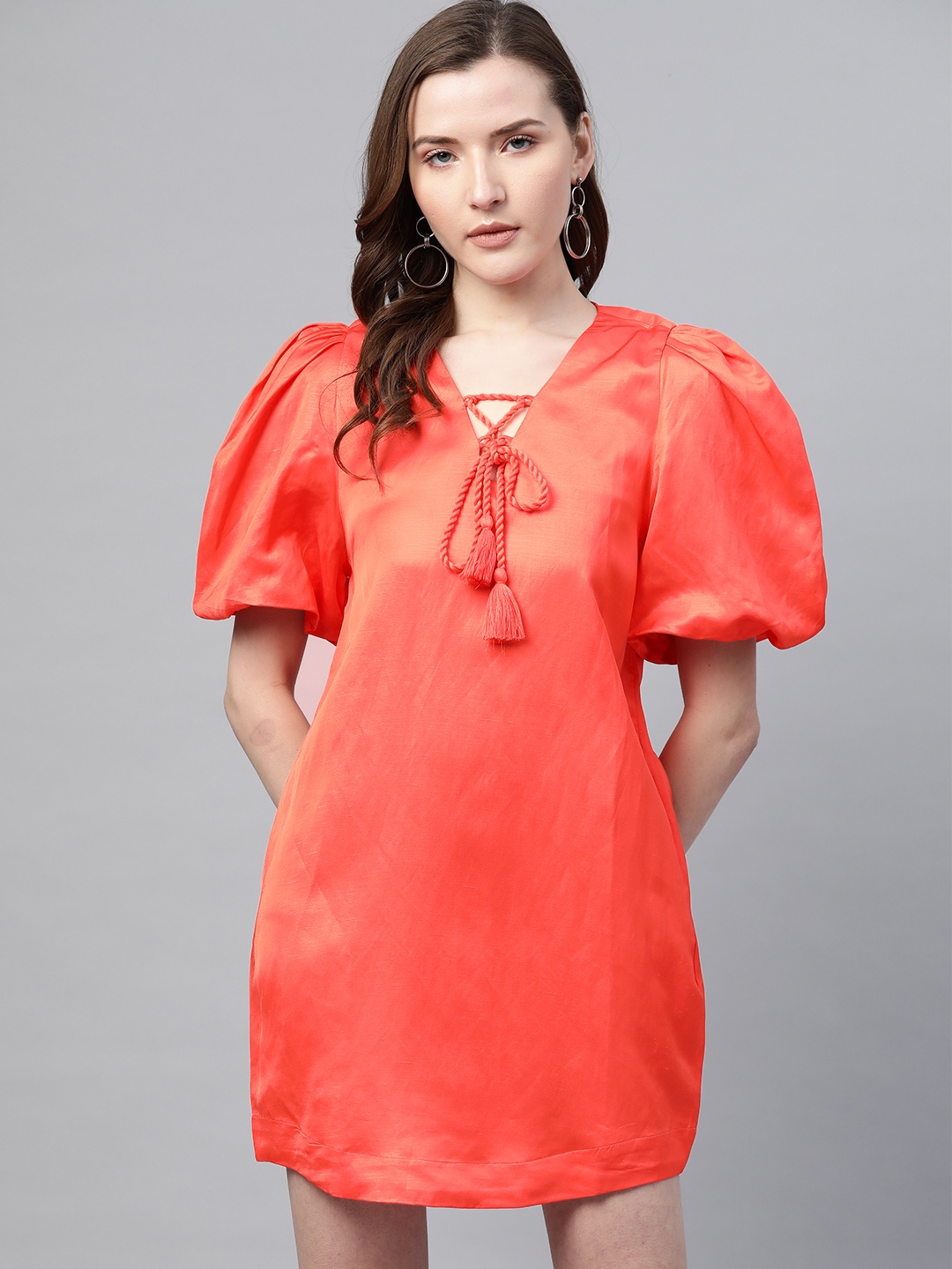

Bhaane Women Coral Orange Solid Shift Dress