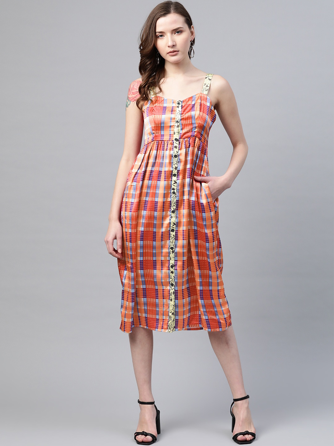 

Bhaane Women Orange & Blue Checked A-Line Dress With Satin Finish