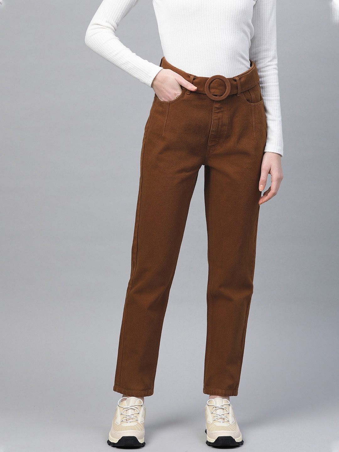 

Bhaane Women Mustard Brown Tapered Fit Mid-Rise Clean Look Jeans