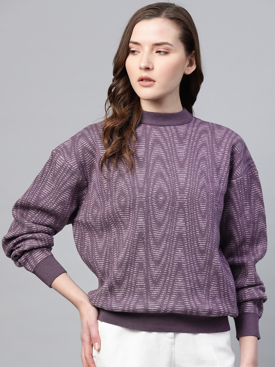 

Bhaane Women Mauve Merino Wool Self-Design Pullover