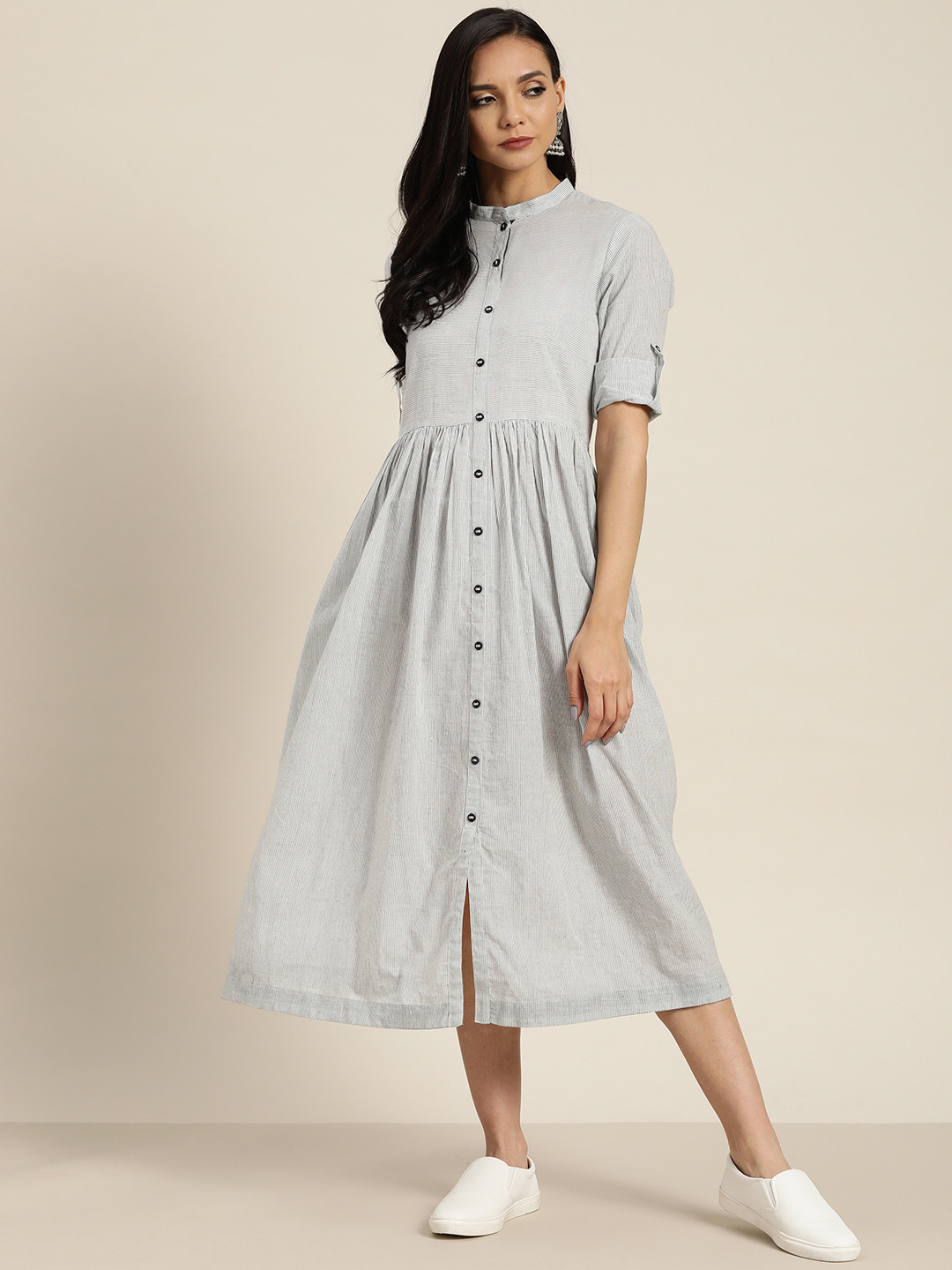 

Sangria Women White & Black Striped Pure Cotton A-Line Dress