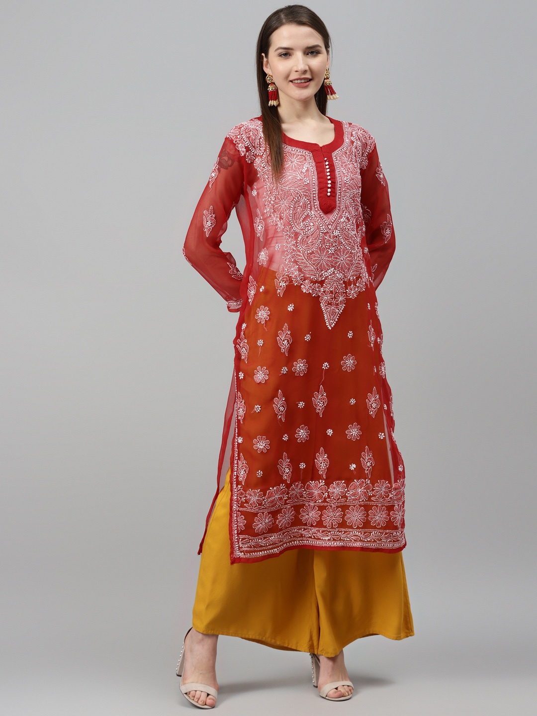 

Saadgi Women Rust Red & White Handloom Chikankari Embroidered Straight Kurta