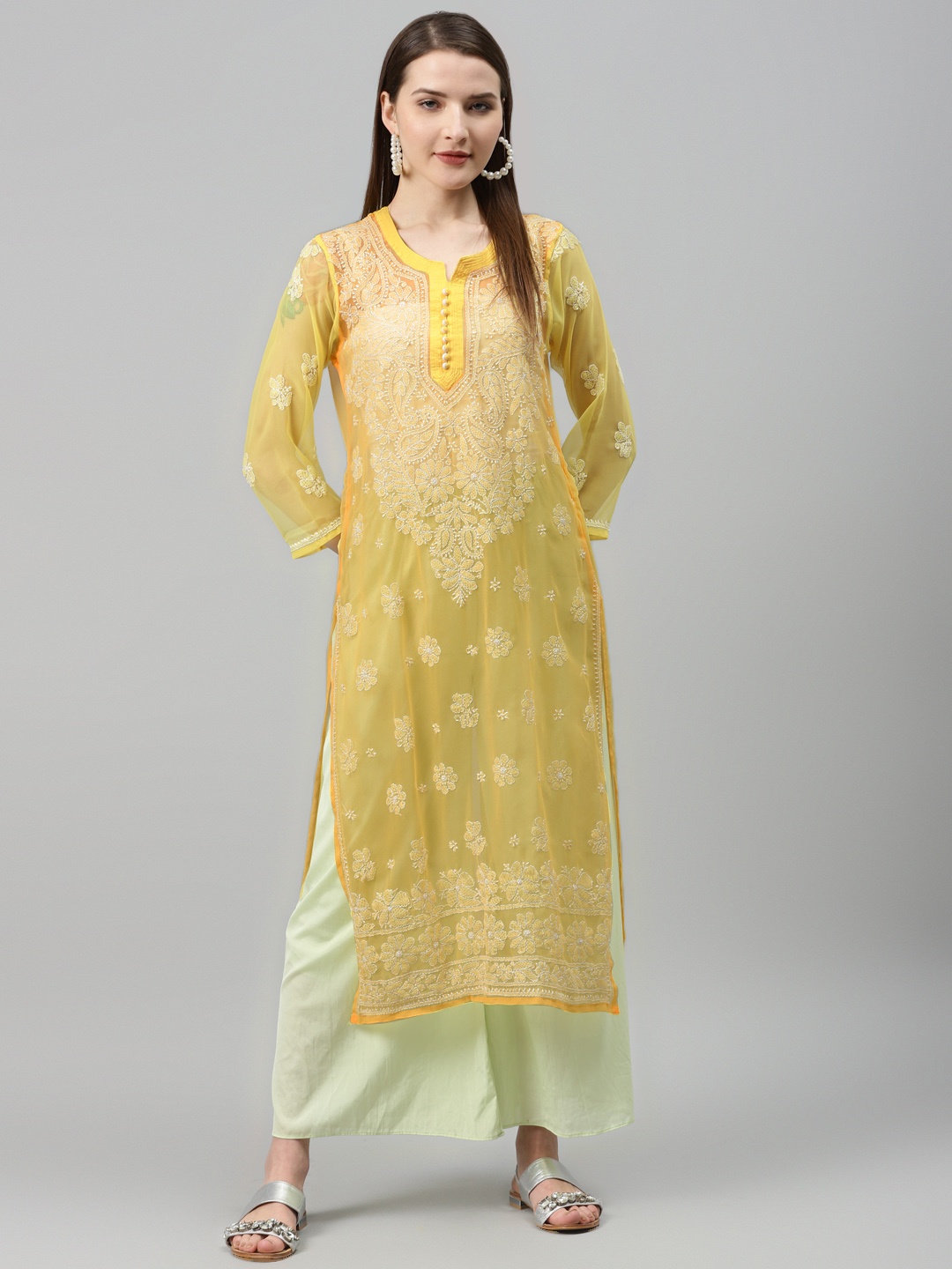 

Saadgi Women Yellow & White Handloom Sheer Chikankari Embroidered Straight Kurta