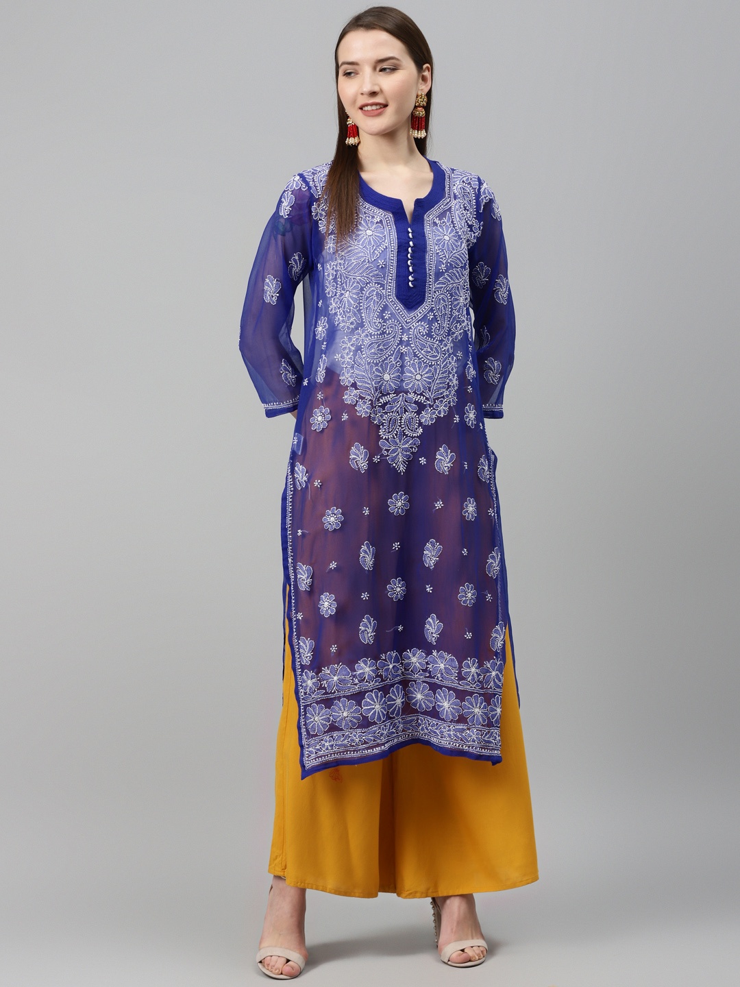 

Saadgi Women Blue & White Sheer Handloom Chikankari Embroidered Straight Kurta