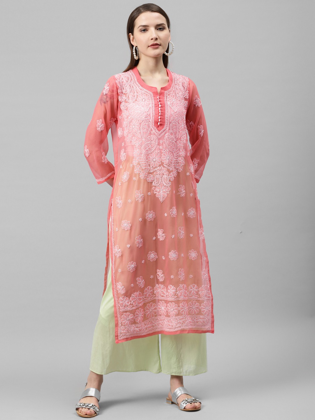 

Saadgi Women Peach-Coloured & White Handloom Chikankari Embroidered Straight Kurta