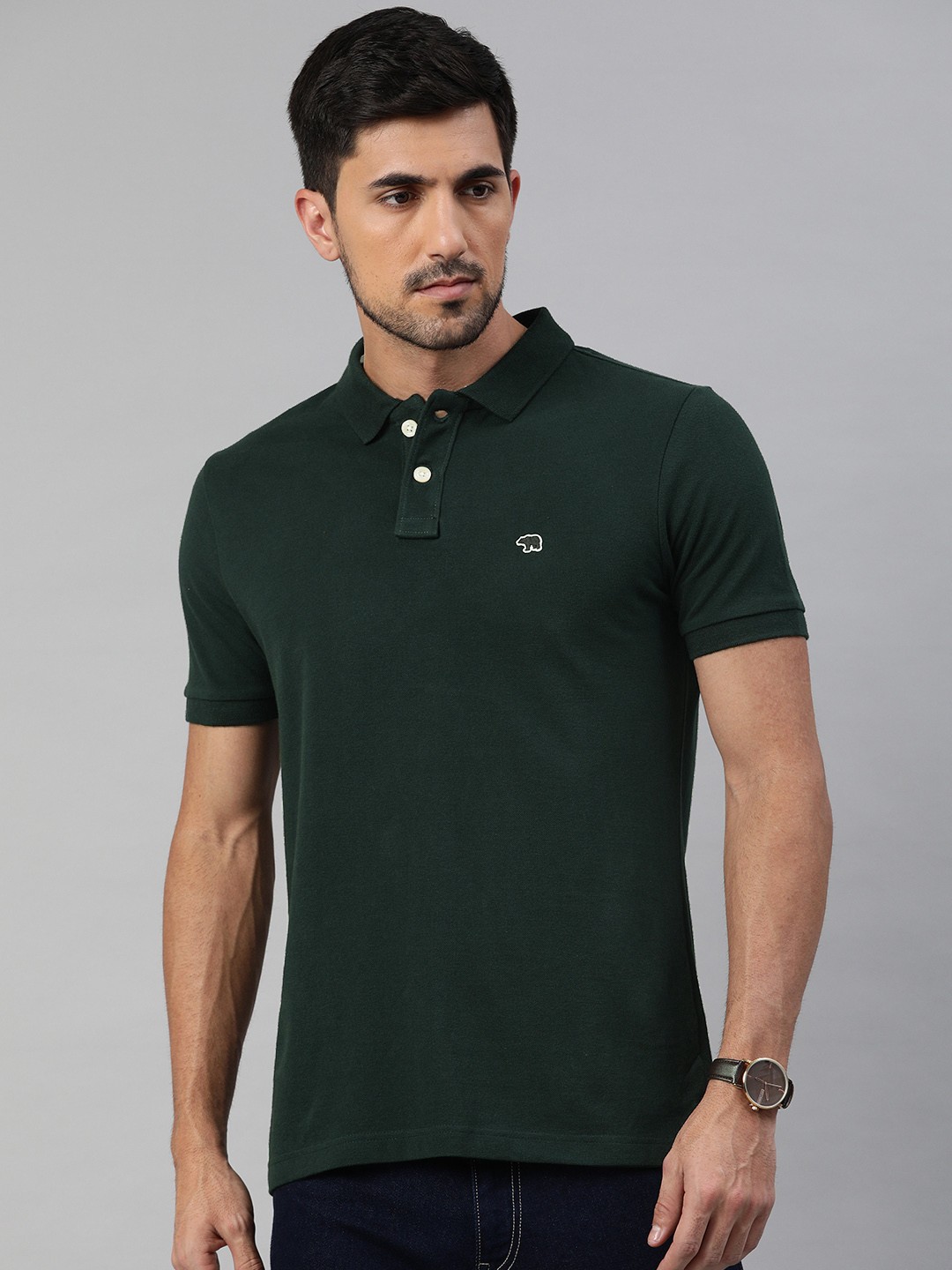 

THE BEAR HOUSE Men Green Solid Slim Fit Polo Collar T-shirt
