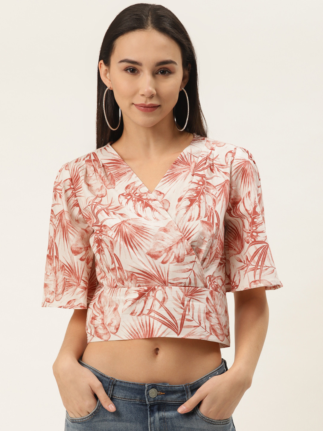 

ZIZO By Namrata Bajaj Women White & Maroon Tropical Print Crop Wrap Pure Cotton Top