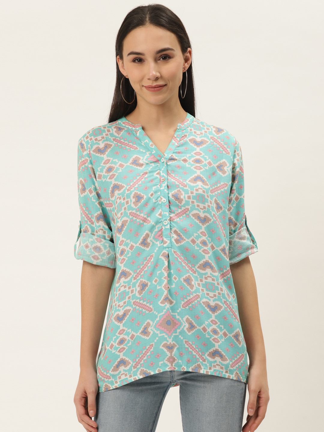 

ZIZO By Namrata Bajaj Women Turquoise Blue Liva Printed Shirt Style Top