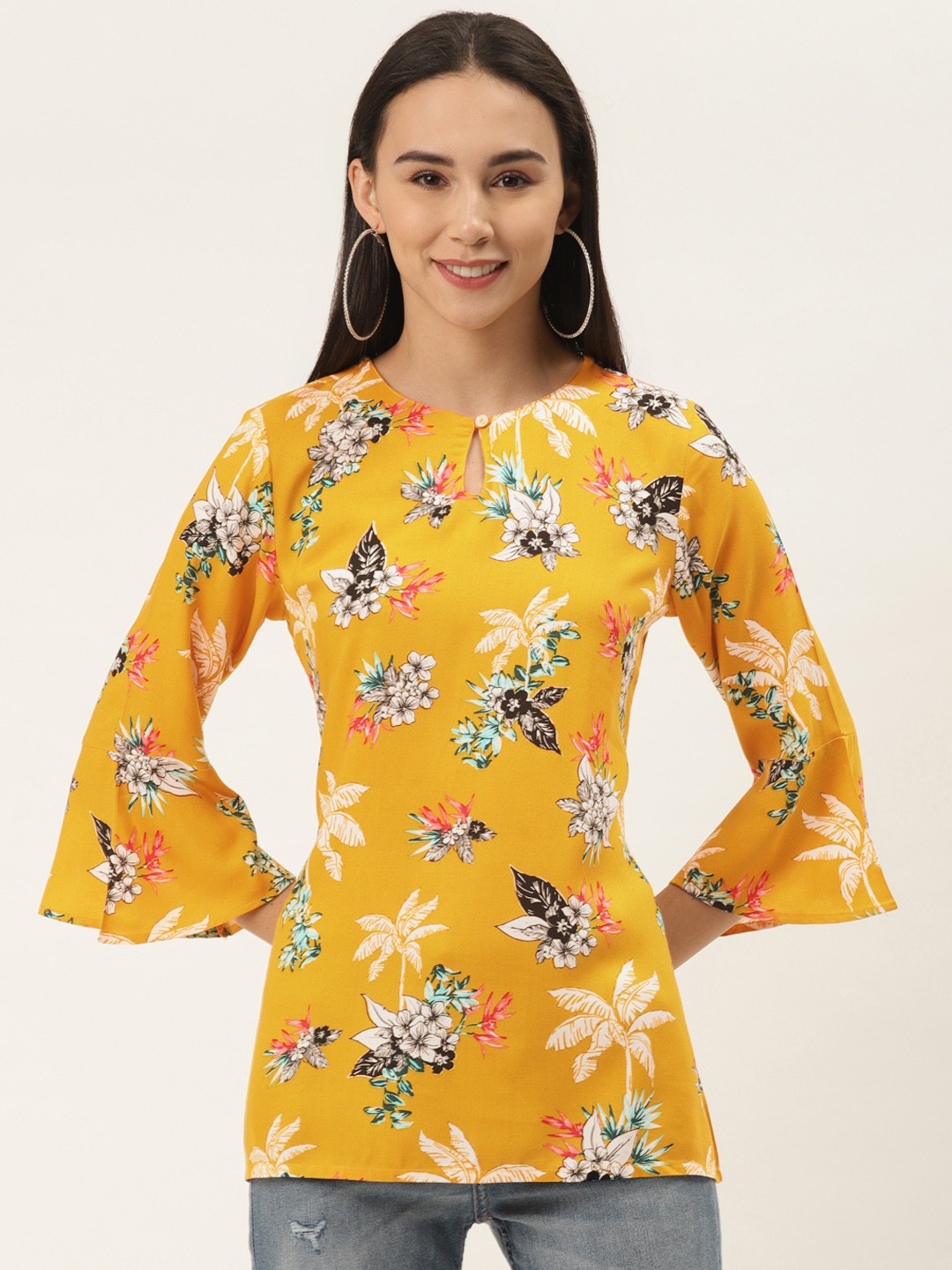 

ZIZO By Namrata Bajaj Women Mustard Yellow Liva Floral Print A-Line Top