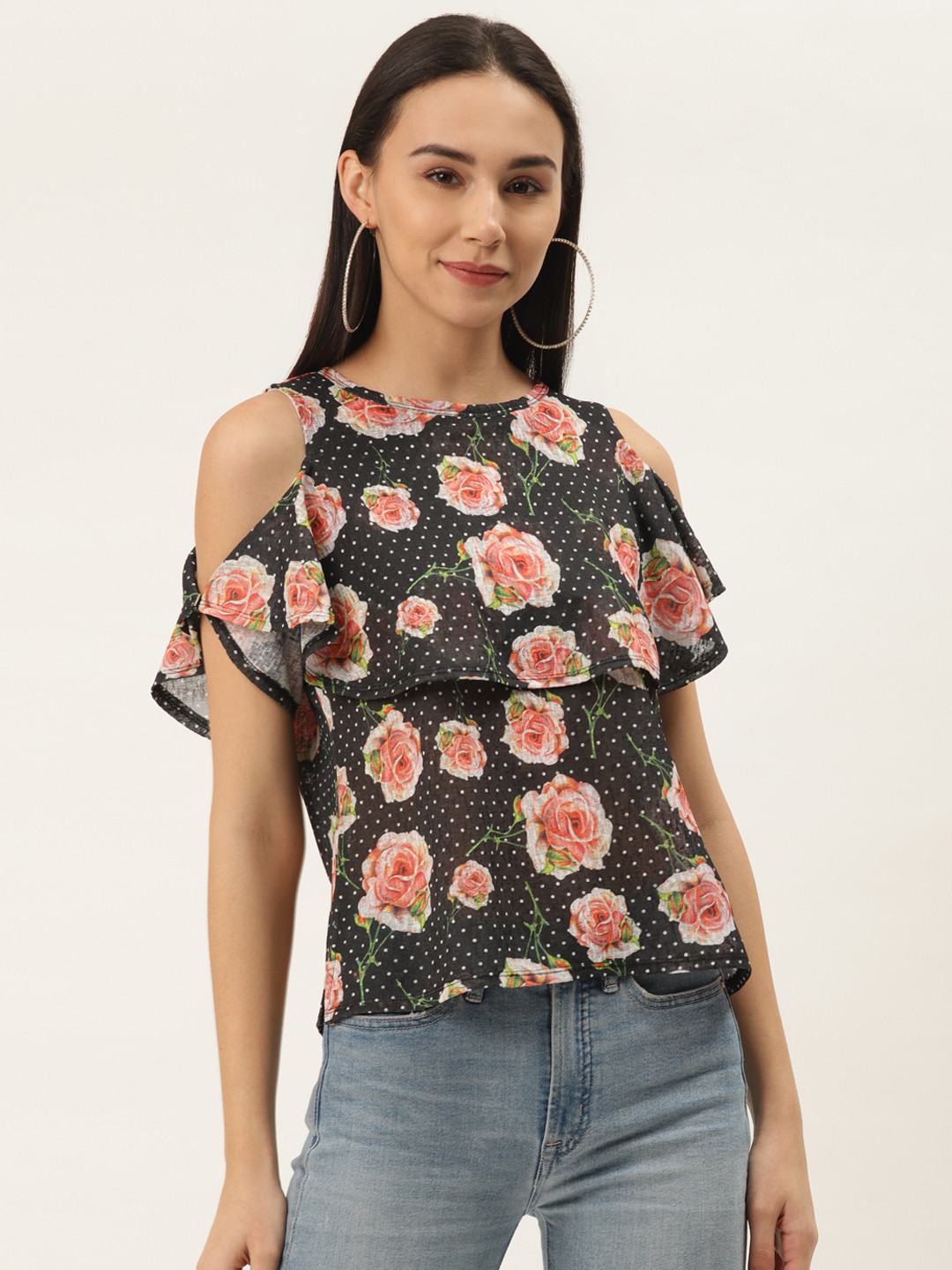 

ZIZO By Namrata Bajaj Women Black & Peach-Coloured Floral Print Cold-Shoulder Top