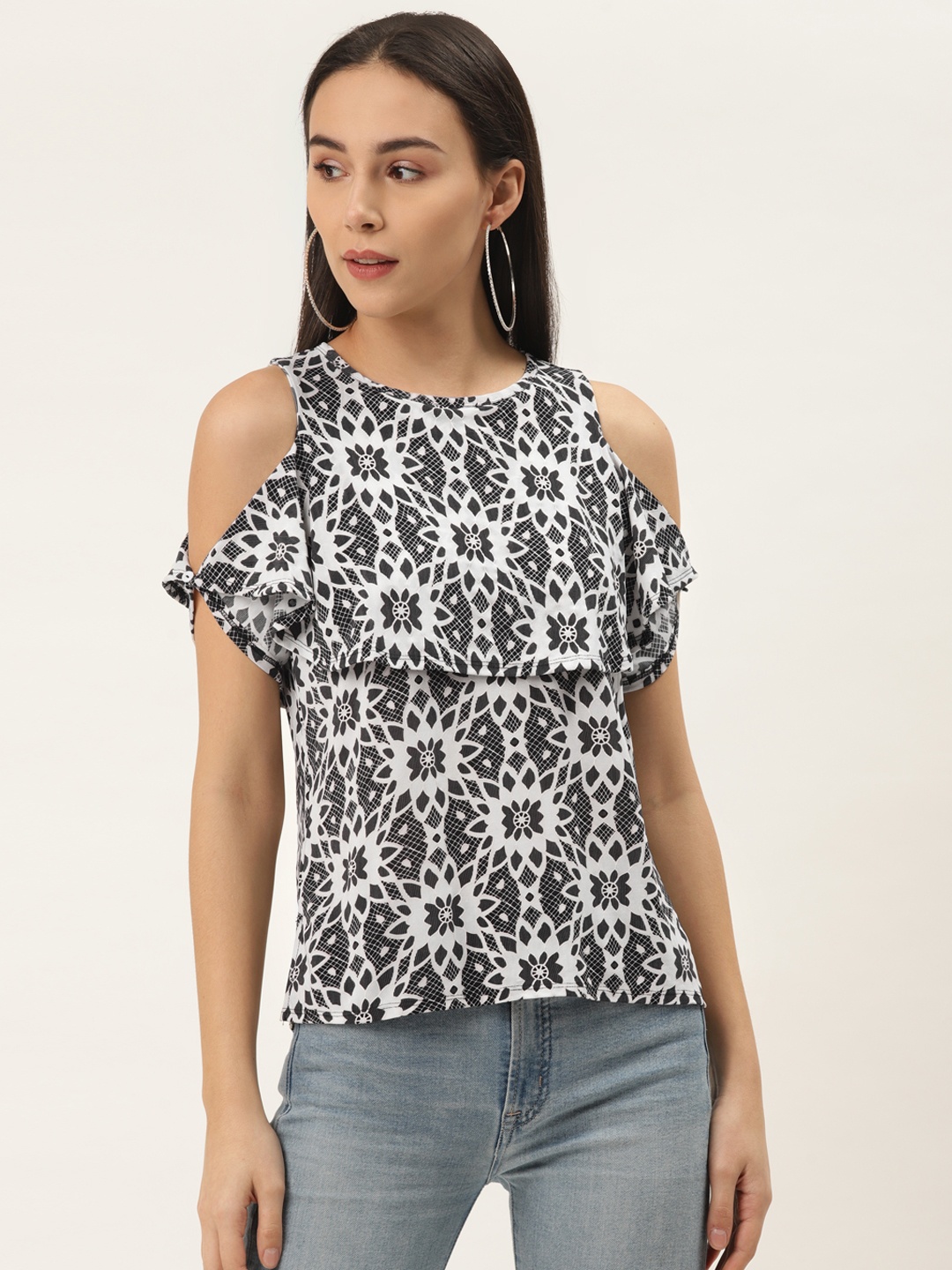 

ZIZO By Namrata Bajaj Women Black & White Floral Printed Cold-Shoulder Stretchable Top