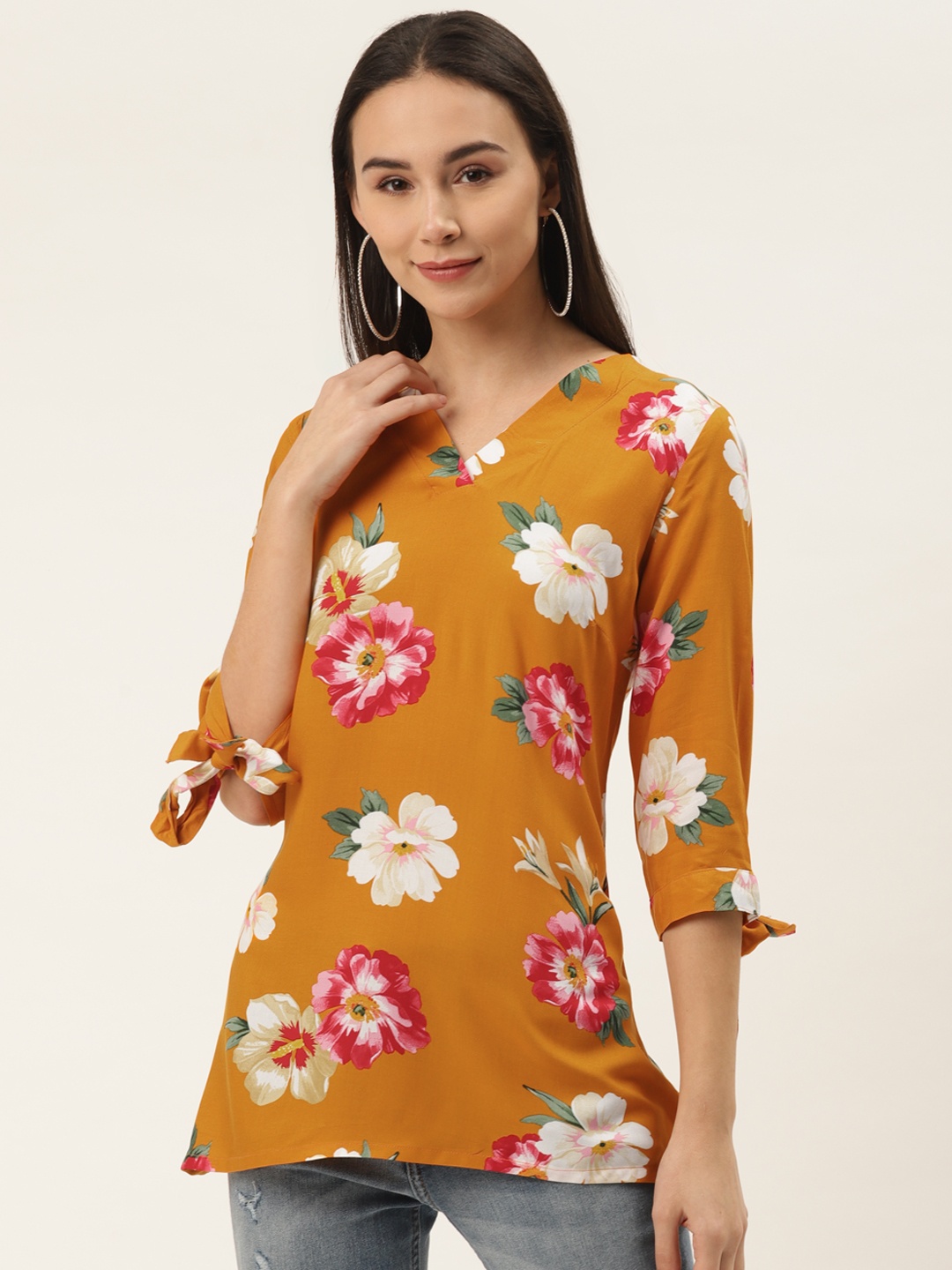 

ZIZO By Namrata Bajaj Women Mustard Yellow Liva Floral Print A-Line Top