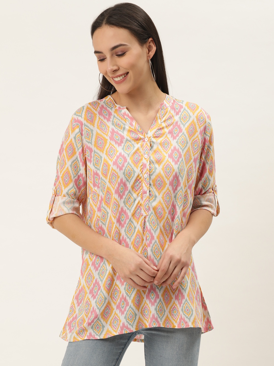 

ZIZO By Namrata Bajaj Women Off-White & Pink Liva Printed Shirt Style Top