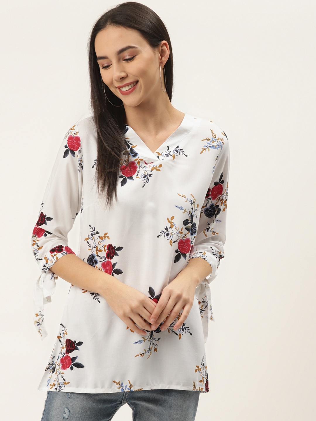 

ZIZO By Namrata Bajaj Women White Liva Floral Print A-Line Top