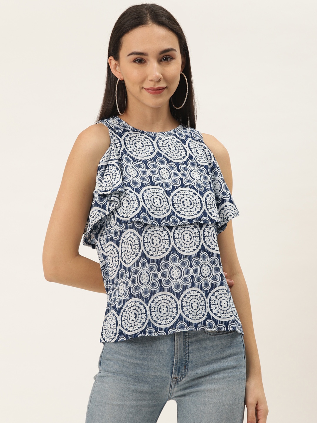 

ZIZO By Namrata Bajaj Women Navy Blue & White Floral Printed Stretchable Top