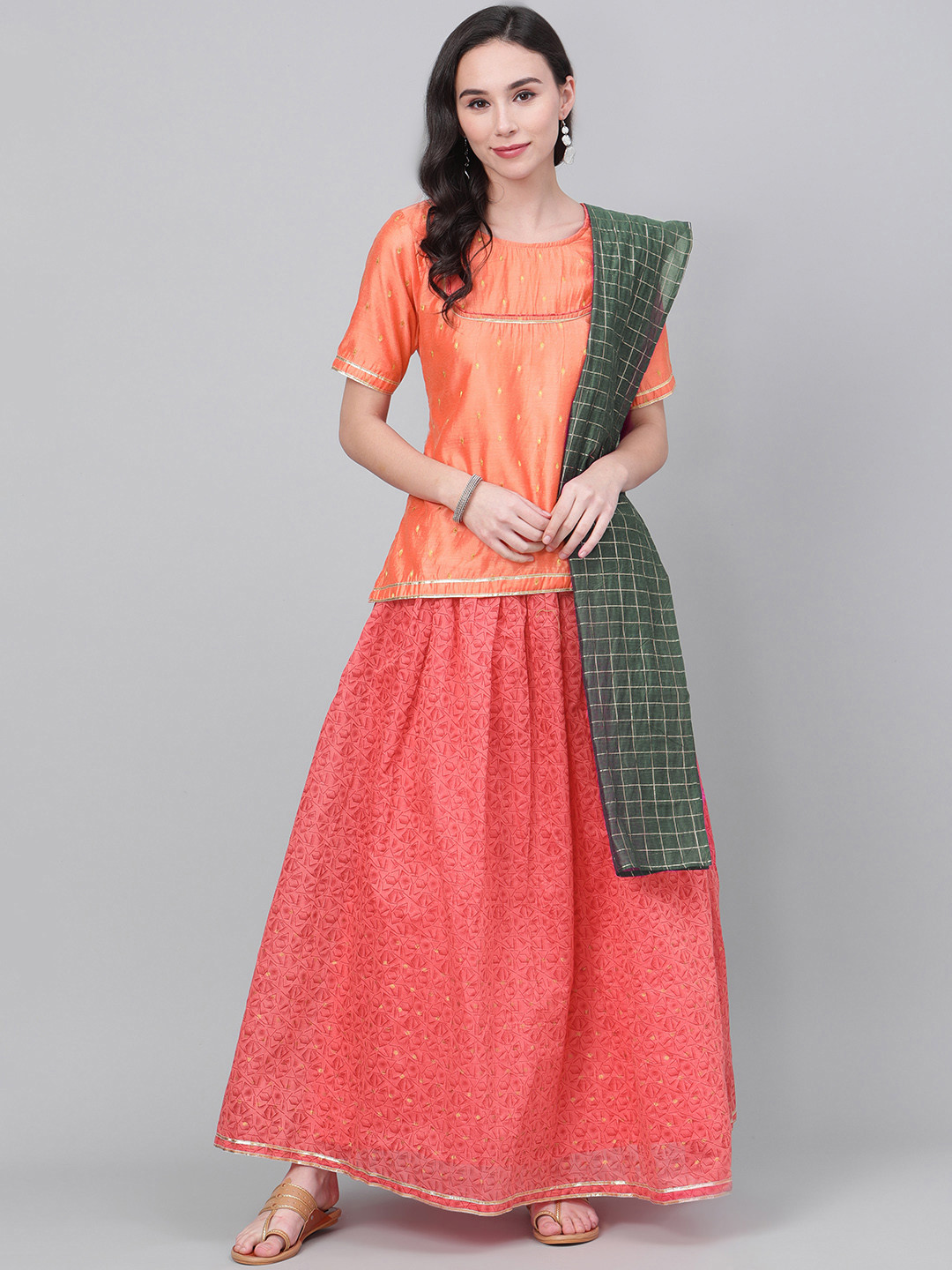 

Readiprint Fashions Pink & Peach-Coloured Woven Design Ready to Wear Lehenga & Blouse with Dupatta