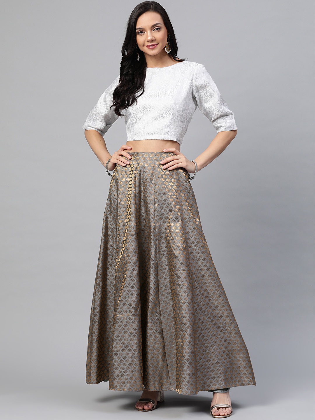 

Readiprint Fashions Grey & Silver Ready to Wear Woven Design Lehenga with Blouse