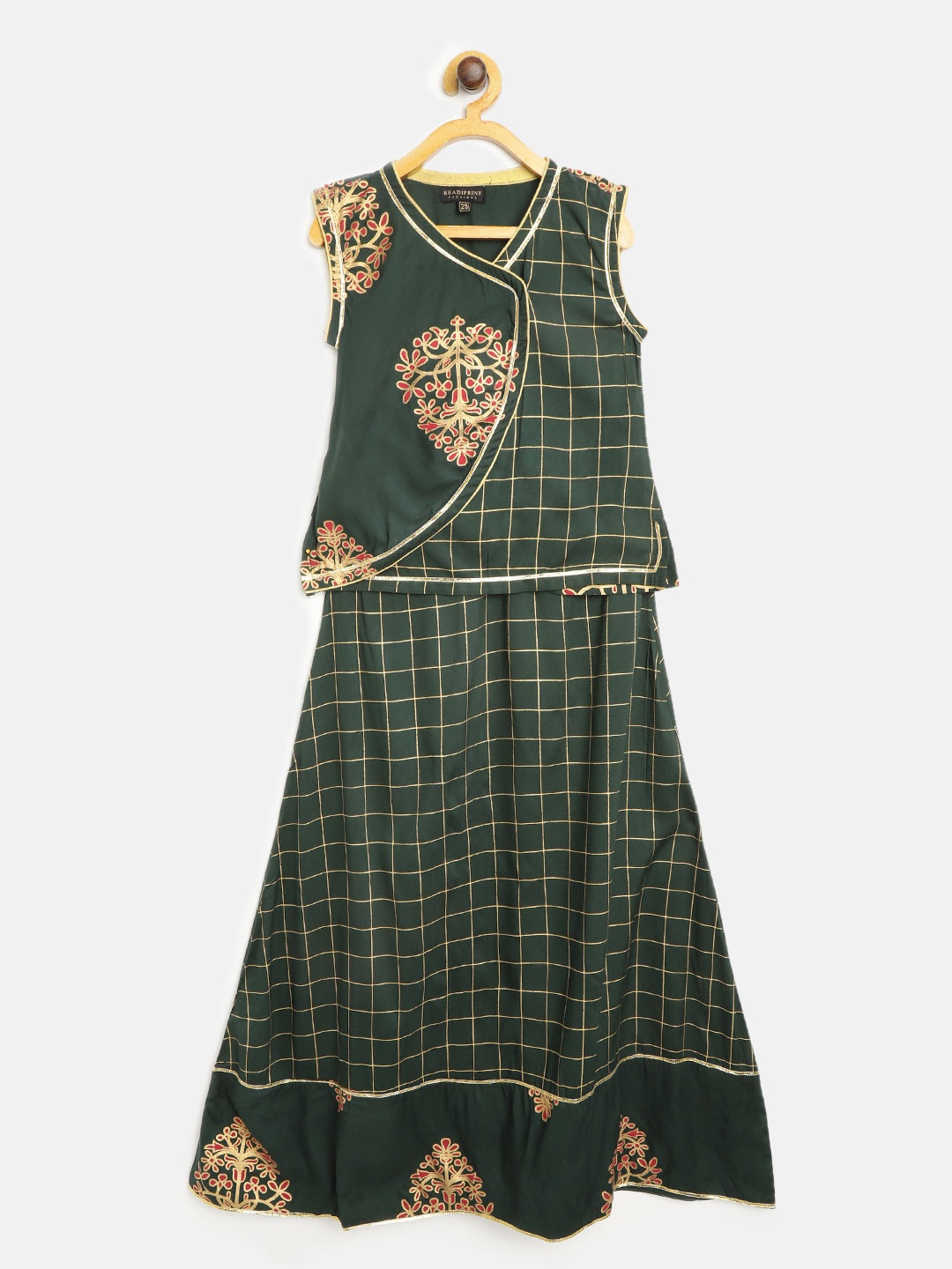 

Rayon Fabric Green & Golden Ethnic Print & Checked Ready to Wear Lehenga with Blouse