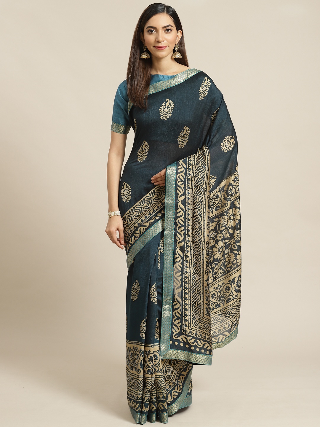

Libas Green & Beige Cotton Blend Printed Saree
