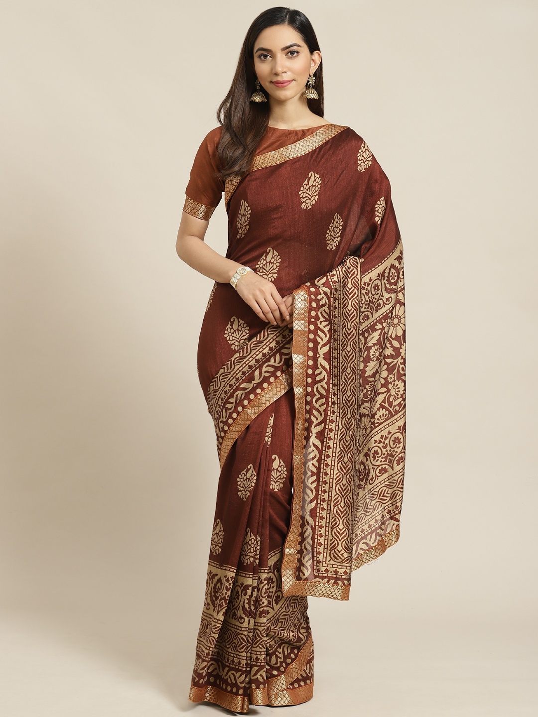 

Libas Brown & Beige Cotton Blend Printed Saree