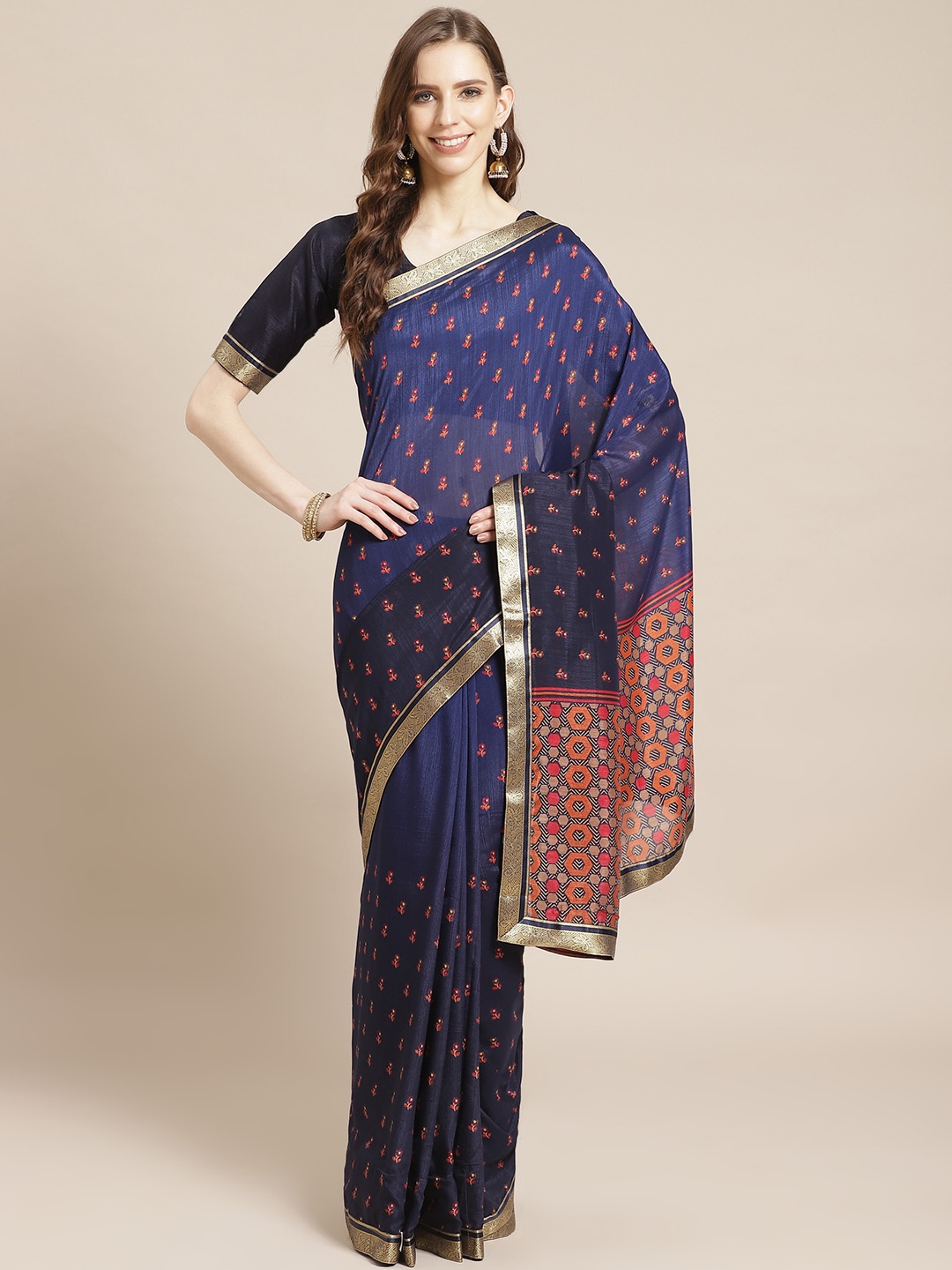 

Libas Navy Blue & Red Floral Printed Saree