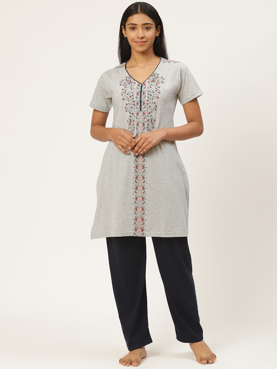 

Duchess Women Grey & Navy Blue Printed Night Suit