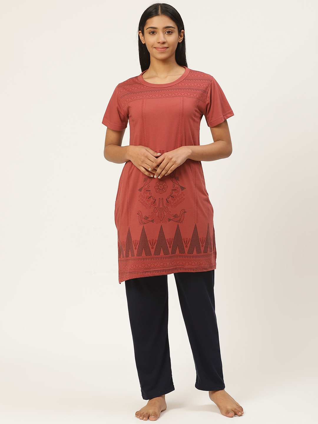 

Duchess Women Rust Red & Navy Blue Printed Night Suit