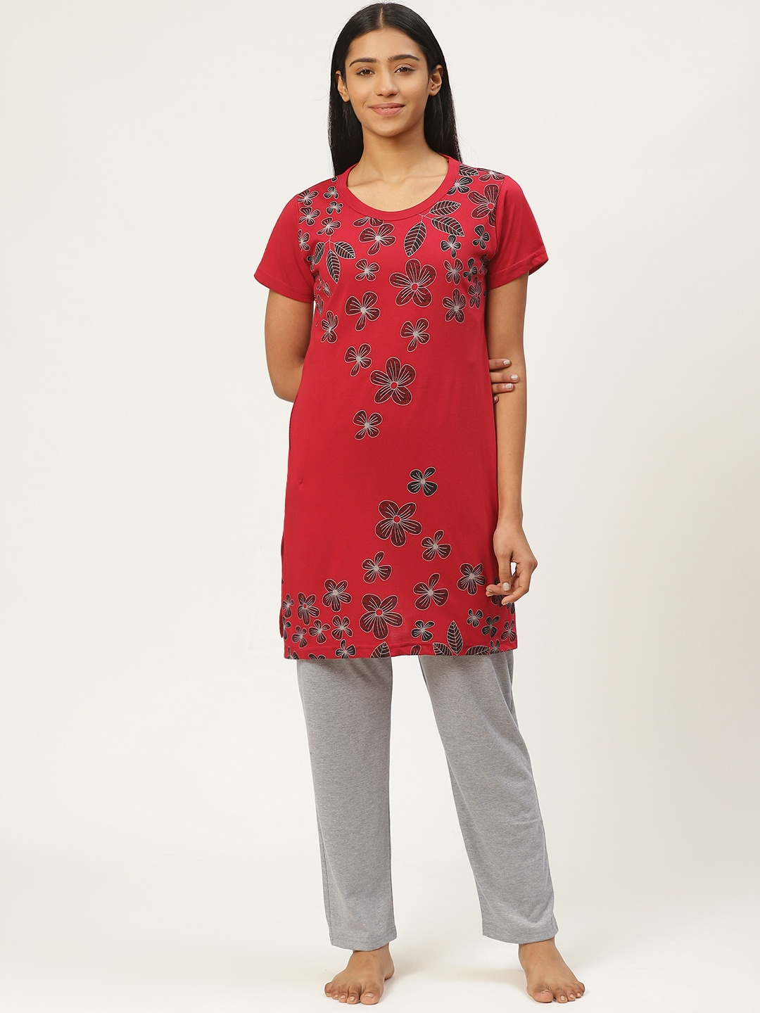 

Duchess Women Maroon & Grey Melange Printed Night Suit, Red