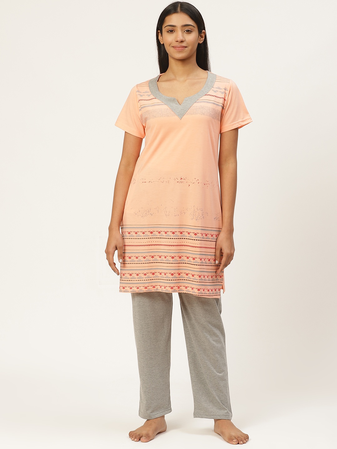

Duchess Women Peach-Coloured & Grey Melange Printed Night suit