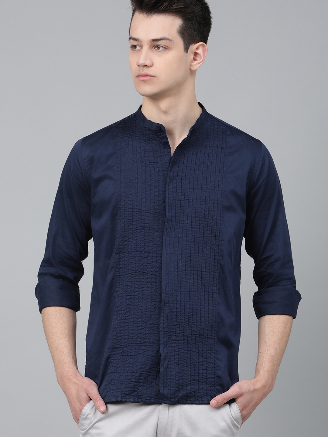 

DENNISON Men Navy Blue Pintucks Smart Slim Fit Solid Casual Shirt