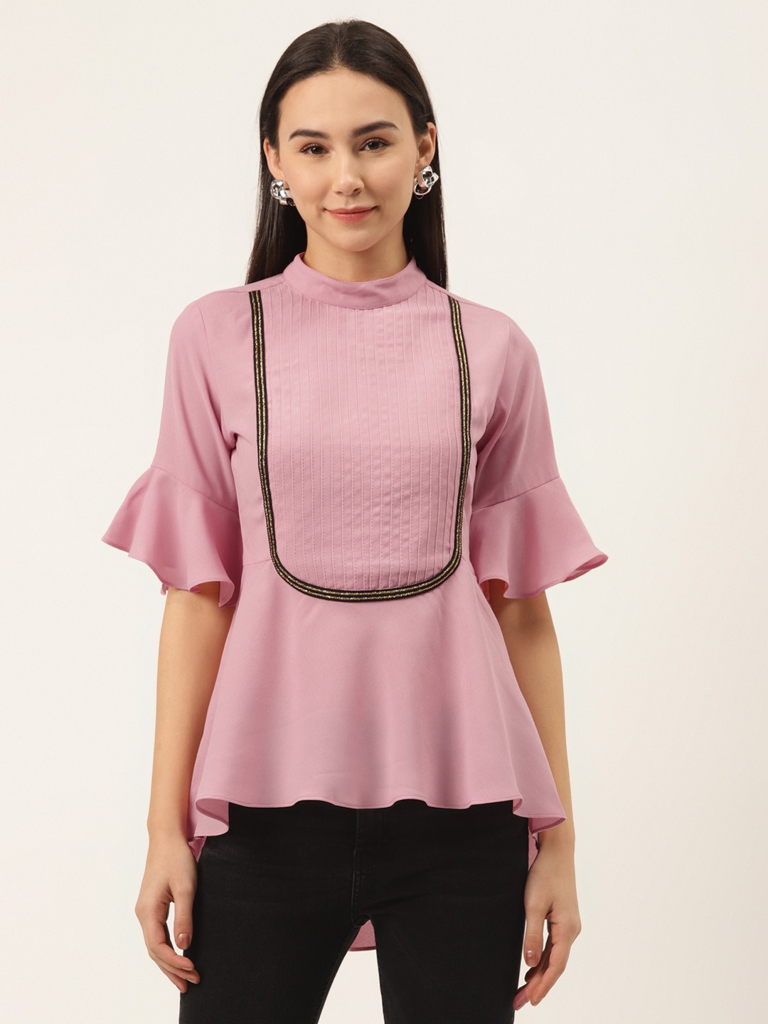 

SHECZZAR Women Pink Solid Pintuck High-Low A-Line Top