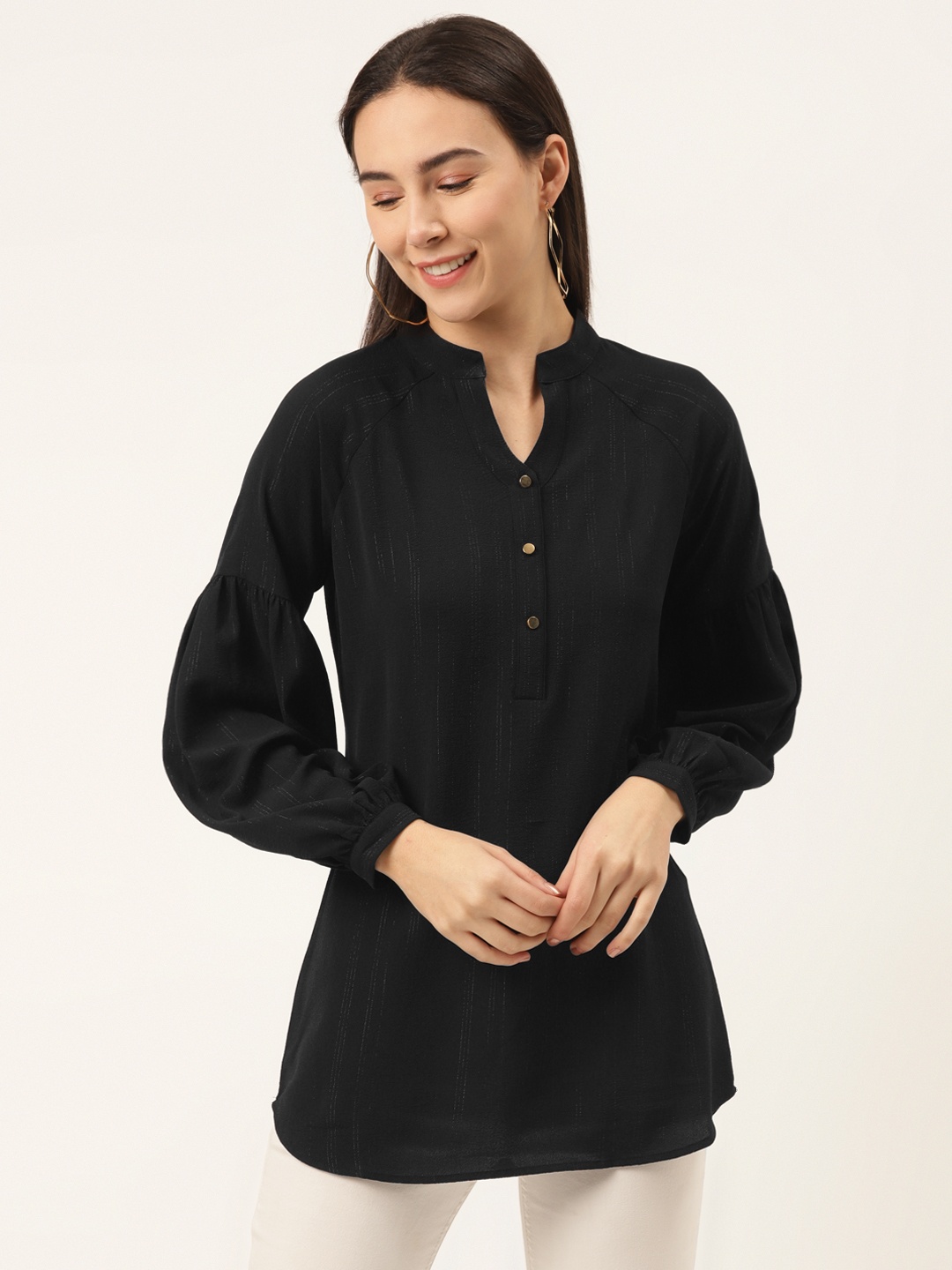 

SHECZZAR Women Black & Silver Self-Striped Longline Shirt Style Top