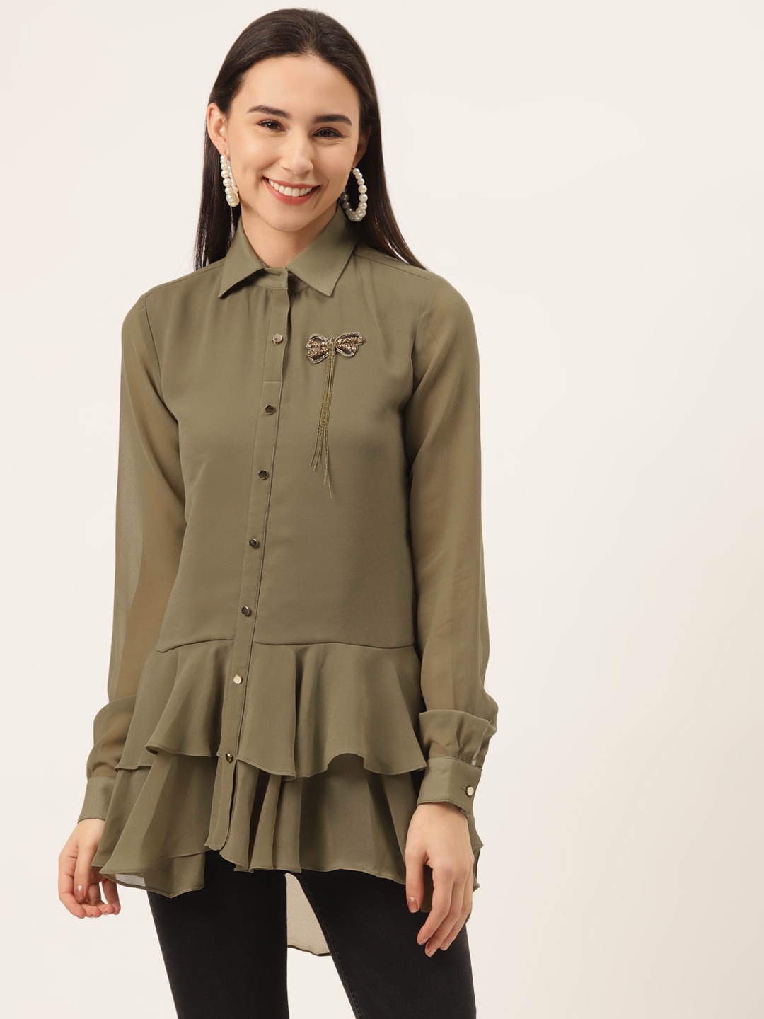 

SHECZZAR Women Olive Green Solid High-Low Longline Shirt Style Top