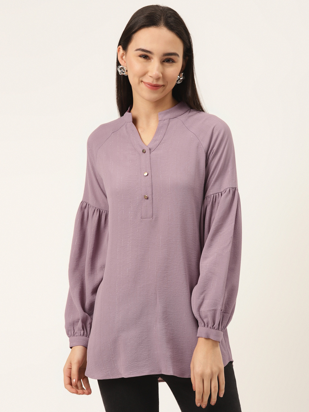 

SHECZZAR Women Mauve Solid Longline Shirt Style Top