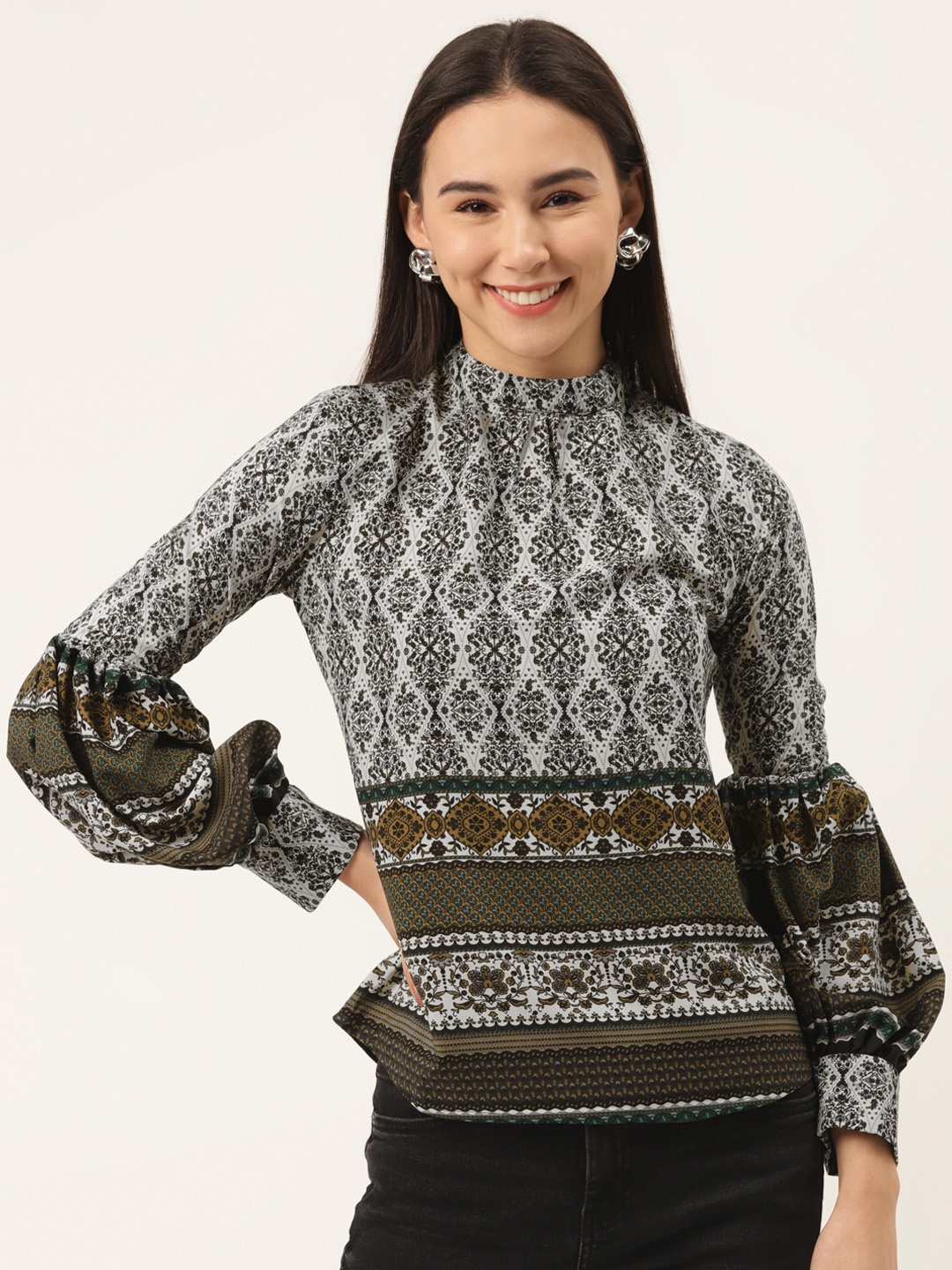 SHECZZAR Women White & Olive Green Printed Puff Sleeves Top