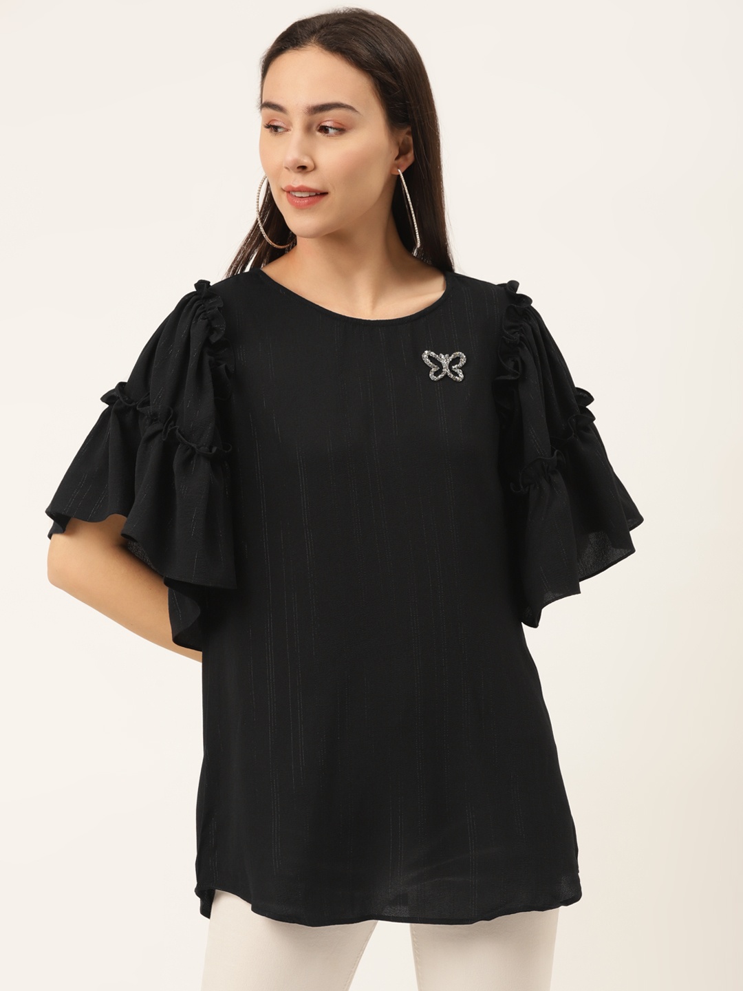 

SHECZZAR Women Black & Silver Self-Striped Bell Sleeves Top